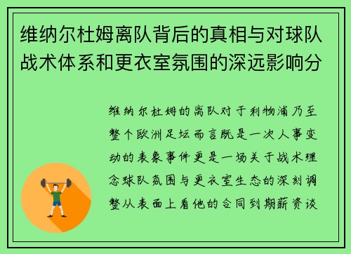 维纳尔杜姆离队背后的真相与对球队战术体系和更衣室氛围的深远影响分析